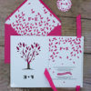 invitatie nunta, invitatie personalizata, invitatie fucsia, invitatie copac, plic personalizat, invitatie nunta decupata
