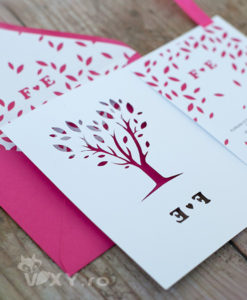 invitatie nunta, invitatie personalizata, invitatie fucsia, invitatie copac, plic personalizat, invitatie nunta decupata