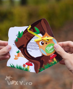 invitatie bufniță, invitatie personalizata, invitatie botez bufnita, invitatie scorbură bufniță, vixy.ro, bufniță, papetarie personalizata botez, invitatii deosebite, invitatie tematica, tema bufnite